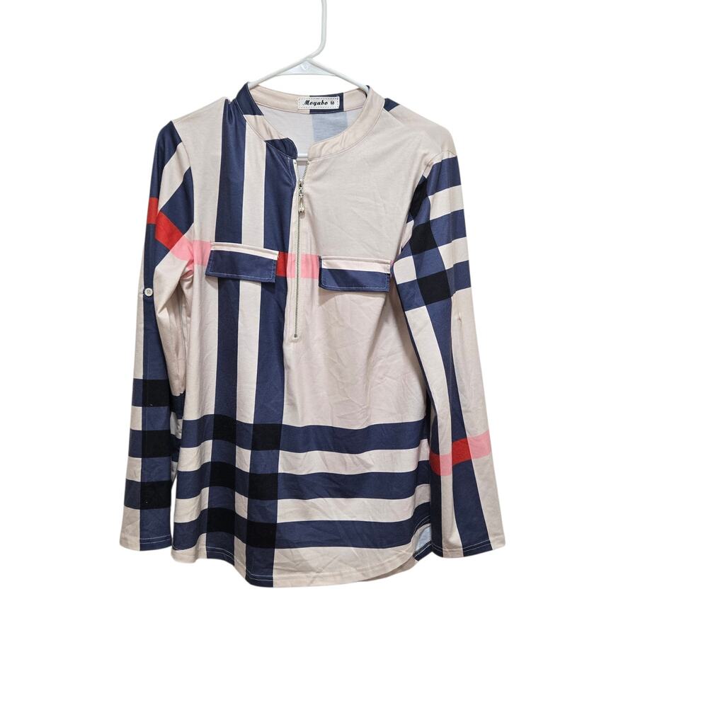 Moyabo Plaid Zip Neck Top Medium Colorblock Long Sleeve
